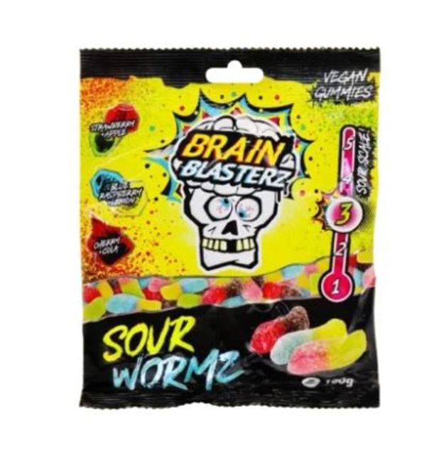 Hovedbilde Brain Blasterz Sour Wormz gummies 100g*16st.